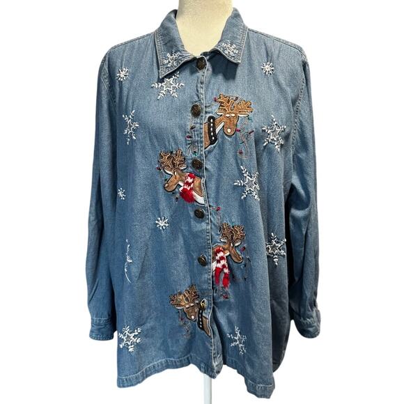 Liz & Me Denim Reindeer Christmas Shirt Jacket – Size 1X - Picture 1 of 5
